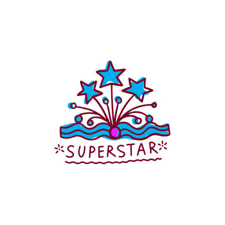 Blue cartoon crown doodle with word Superstar - cute hand drawn tiara with firework style star decorations and cute lettering. Flat vector illustration isolated on white background.のイラスト素材