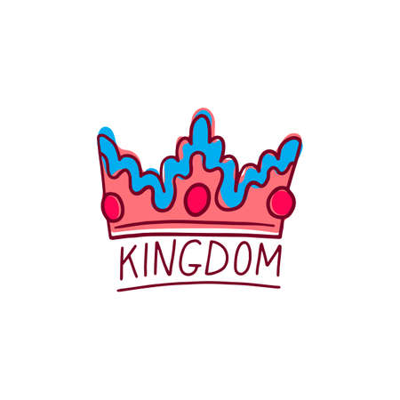 Decorative king or queen crown icon and Kingdom word, vector illustration in doodle style isolated on white background. Creative print for clothing and stationary.のイラスト素材