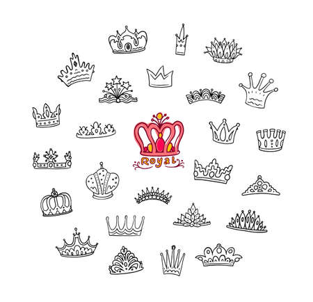 Set of doodle black line crowns and diadems sketch vector illustration isolated on white background. Royal persons, kings and queens heraldic elements.のイラスト素材