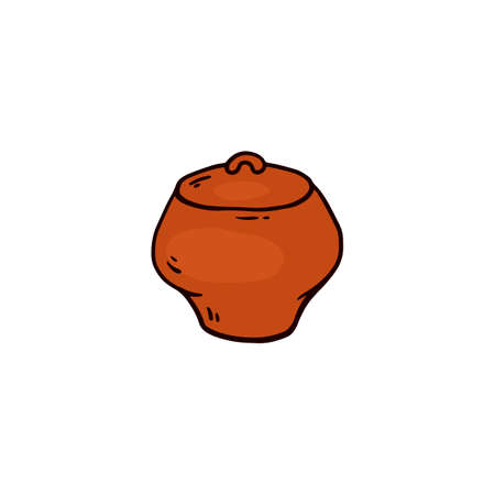 Brown clay retro cooking pot doodle isolated on white background - old time stove baking utensil with closed lid in hand drawn flat sticker style. Vector illustration.のイラスト素材