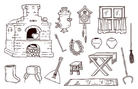 Traditional old Russian culture objects set isolated on white background - black and white hand drawn coloring book drawings - flat vector illustration.のイラスト素材