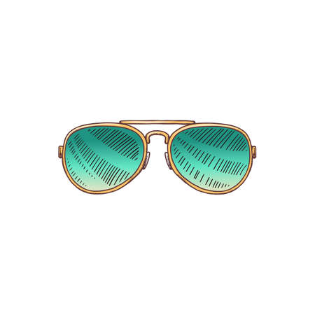 Summer stylish sunglasses icon, vector sketch doodle illustration isolated on white background. Womens outfit element for vacation and beach recreation.のイラスト素材