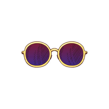 Extravagant sunglasses with round lenses icon, vector sketch doodle illustration isolated on white background. Fashion outlook accessory in rock star style.のイラスト素材