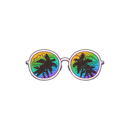 Sunglasses with tropical palms reflection on lenses, sketch cartoon vector illustration isolated on white background. Summer beach vacation symbol or icon.のイラスト素材