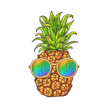 Doodle pineapple or ananas fruit icon in sunglasses, cartoon vector illustration isolated on white background. Summer beach leisure and vacation sign or symbol.のイラスト素材