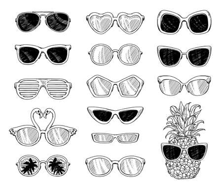 Black and white tropical sunglasses drawing set isolated on white background - colorless retro and modern glass fashion shades - flat vector illustrationのイラスト素材