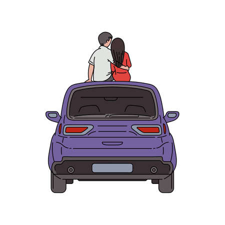 Open air cinema and romantic dating concept with people watching movies outdoors from parked car, sketch vector illustration isolated on white background.のイラスト素材