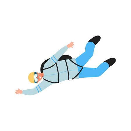 Cartoon parachutist flying with closed parachute while waving and smiling - skydiver man mid flight...