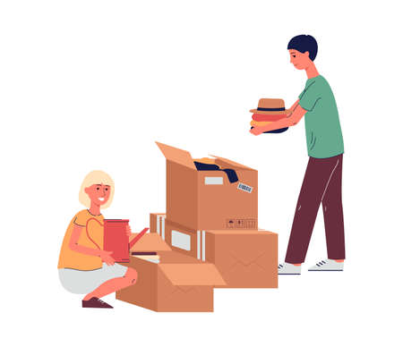 Man and woman cartoon characters packing boxes for house or apartments moving, flat vector illustration isolated on white background. Real estate and shipping services.のイラスト素材