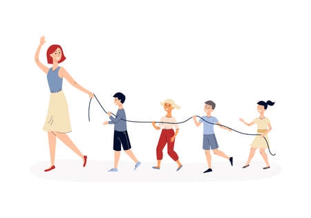 Kindergarten children walking behind teacher in straight line holding safety rope. Cartoon kids following adult woman with string, flat isolated vector illustration.のイラスト素材