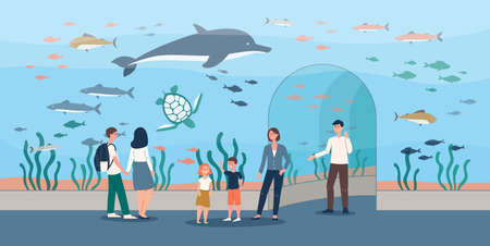 Aquarium interior background with glass transparent walls and people cartoon character, flat vector illustration. Visitors observing underwater life and fishes.のイラスト素材