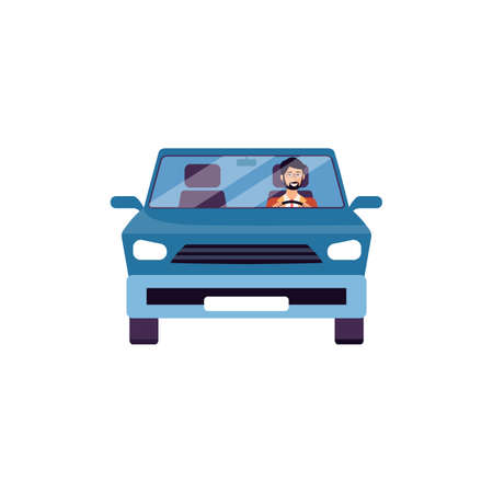 Young man cartoon character driving blue car, flat vector illustration isolated on white background. Road journey, car insurance or carpooling concept element.のイラスト素材
