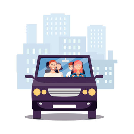 Family with children riding car at skyline with city buildings backdrop, flat vector illustration isolated on white background. Urban transportation and recreation.のイラスト素材