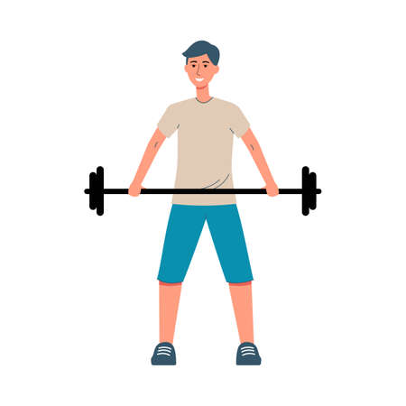 Man cartoon character leading healthy lifestyle lifting a barbell, flat vector illustration isolated on white background. Gym and bodybuilding , sport activity concept.のイラスト素材