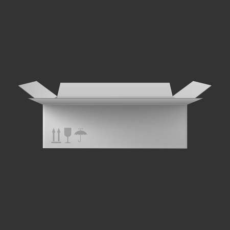 Side view mockup of open white carton box with shipping marks, realistic vector illustration isolated on grey background. Cardboard package or container 3d template.のイラスト素材