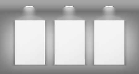 3d illustration of a white gallery wall with lighting and empty frames for paintings and ads. Mockup for an exhibition in an art gallery. Realistic vector illustration.のイラスト素材