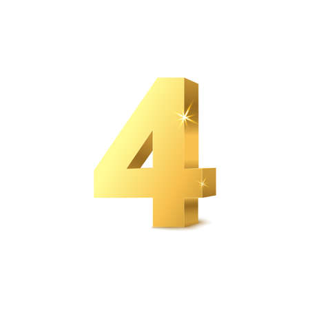 Render of golden shining number four single object, realistic mockup vector illustration isolated on white background. Metallic digit 4 mockup for numbering design.のイラスト素材