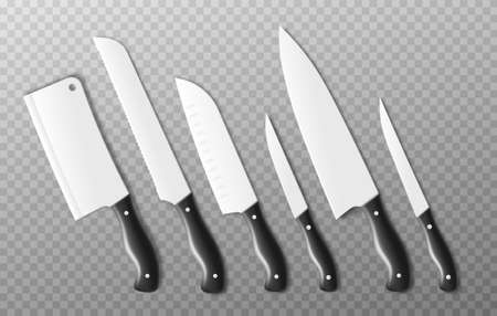 Professional cooking cutlery knives set mockup, realistic vector illustration isolated on transparent background. Sharp blade steel metal knives collection.のイラスト素材