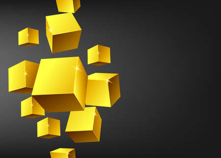 Banner background template with Golden metallic 3d cube renders, realistic vector illustration. Minimal layout with square geometric blocks or gold simple figures.のイラスト素材