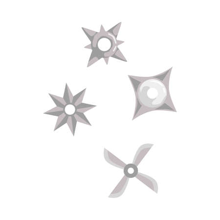 Ninja steel stars or shuriken weapon cartoon icons set, flat vector illustration isolated on white background. Steel sharp blades in shape of star for throwing.のイラスト素材