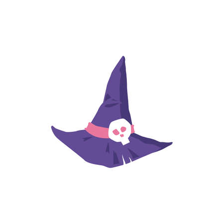 Purple pointed witch hat with skull decoration isolated on white background. Scary Halloween costume element in cartoon style, vector illustration.のイラスト素材