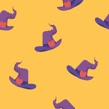 Halloween seamless pattern design with magic witches hats, cartoon vector illustration on yellow background. Wallpaper repeatable texture with magician or wizard cap.のイラスト素材
