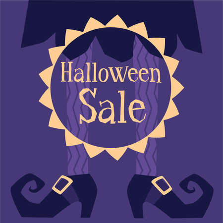 Halloween sale offer design template with witch legs on purple background and text, vector illustration. Advertising seasonal sales banner or poster layout.のイラスト素材