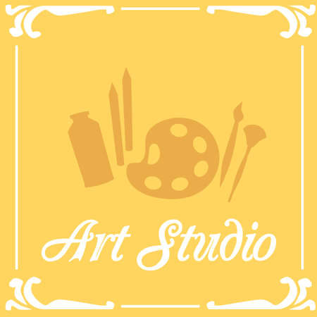 A yellow card with an image of a palette, pencils, paint and brushes. Design of card with painting tools, a frame and inscription Art studio. Vector illustration.のイラスト素材