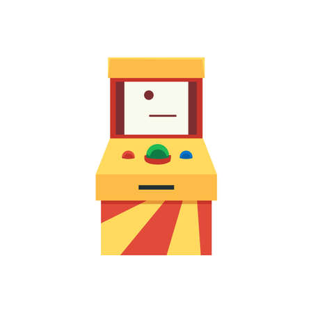 Retro arcade game machine isolated on white background - colorful yellow playing console with bouncing ball on display and big sphere buttons, vector illustration.のイラスト素材