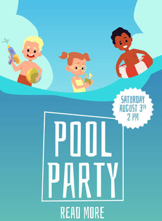 Pool party poster with cartoon kids swimming - over and underwater view of blue water with text template. Children having fun in summer vacation, vector illustration.のイラスト素材