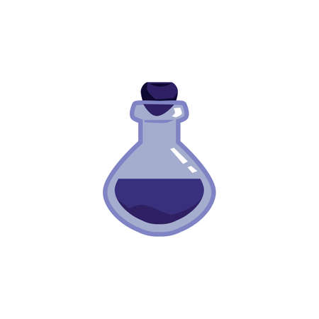 Dark blue magic potion bottle isolated on white background - flat icon of small liquid elixir or chemistry drink vial. Vector illustration of half full phial.のイラスト素材