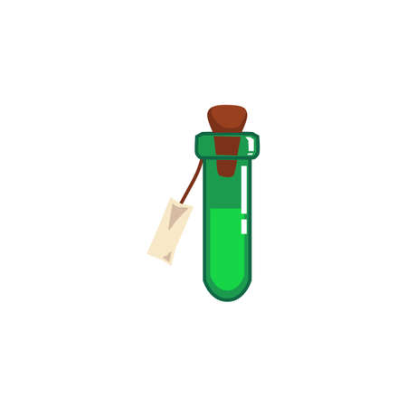Magic green potion or poison in glass tube, flat vector illustration isolated on white background. Fairy alchemical elixir symbol for Halloween cards and prints.のイラスト素材