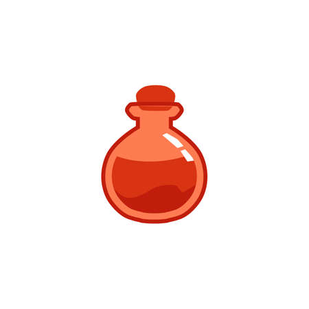 Red magic potion bottle - flat icon isolated on white background. Small round corked vial with liquid elixir or chemical substance, vector illustration.のイラスト素材