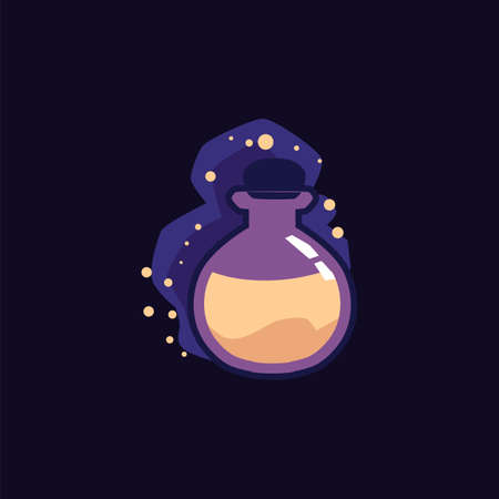 Design of a bottle with a magic potion and lights. Icon for RPG games. Vector illustration with a...