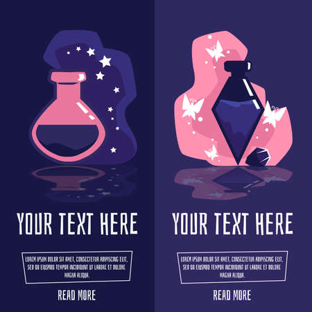 Magic potion bottle banner set - glass bottles with mystery elixir drink with floating stars and butterflies. Cartoon vector illustration with text templates.のイラスト素材