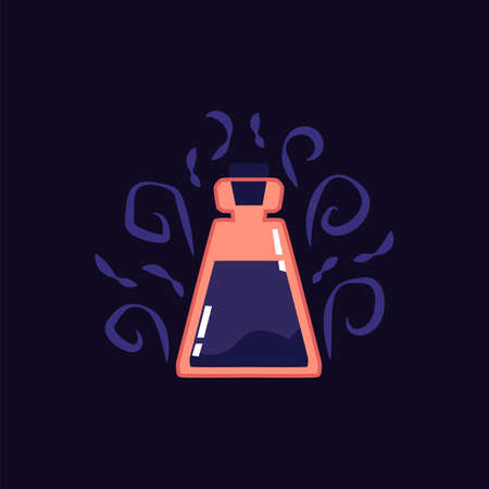 Glass bottle or flask with magic potion substance - alchemic violet colour elixir or poison drink, cartoon vector illustration isolated on dark background.のイラスト素材