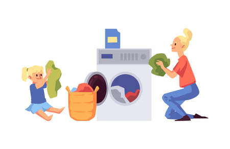 Woman and child doing laundry - cartoon mother and daughter loading the washing machine with clothes and smiling. Isolated vector illustration.のイラスト素材