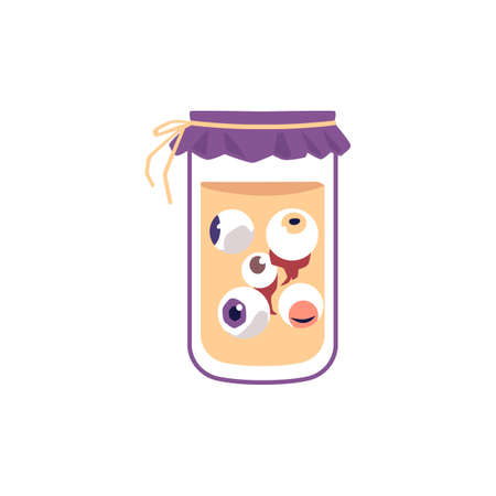 Spooky horror object for Halloween holiday - human eyeballs in jar, flat vector illustration isolated on white background. Witches or evil wizard magic scary potion.のイラスト素材