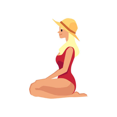 Beautiful woman in sun hat and red swimsuit sitting, flat vector illustration isolated on white background. Beach summer girl cartoon character sunbathing.のイラスト素材
