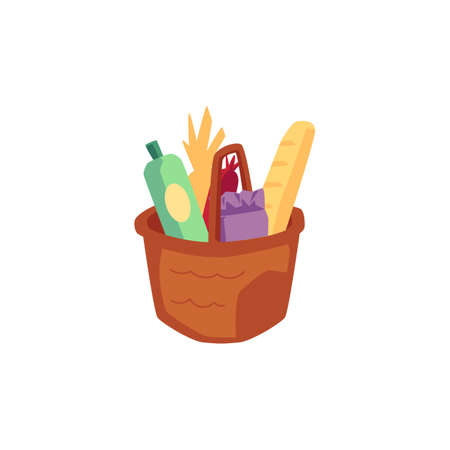 Picnic basket with food isolated on white background - brown cartoon wicker hamper filled with bread and other groceries. Vector illustration of outdoor camping meal.のイラスト素材