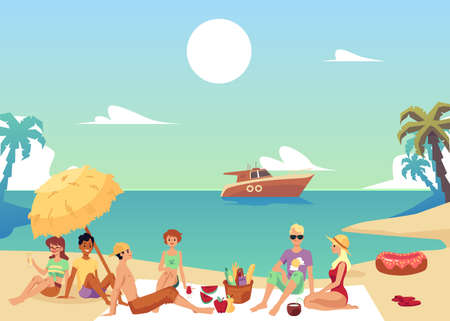 Friends relax on a picnic on the beach. Smiling men and women on the beach. Colorful vector illustration.のイラスト素材