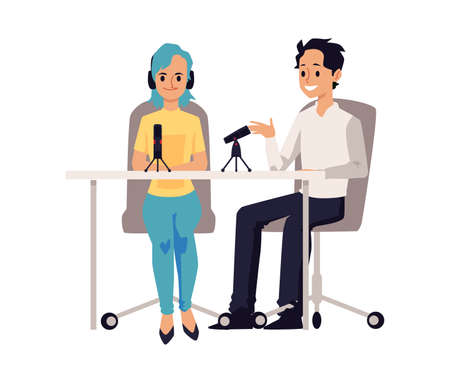 Man and woman with microphone and in headset leading online podcast, flat vector illustration isolated on white background. People on live stream broadcast.のイラスト素材