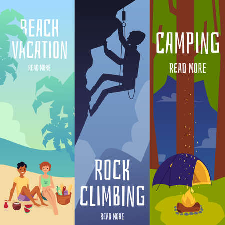 Summer camping and rock climbing camp advertising banners or flyers set with people characters, flat vector illustration. Tourism and hiking places promotion posters.のイラスト素材