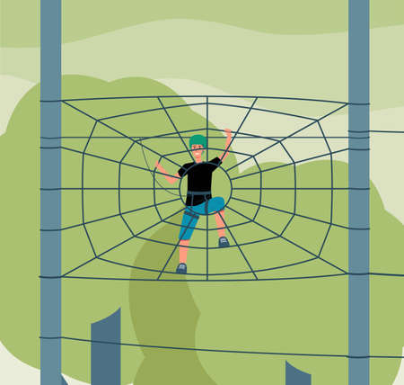 Cartoon man climbing spider web in outdoor rope park - happy climber playing on playground net attraction in summer nature. Flat vector illustration.のイラスト素材