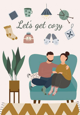 Couple of man and woman cartoon characters enjoying cozy rest at home, flat vector illustration isolated on white background. People resting and relaxing on couch.の写真素材