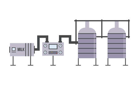 Milk factory equipment - storage tank and dairy pasteurisation system control panel isolated on white background. Industrial machinery vector illustration.のイラスト素材