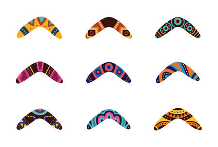 Australian aboriginal boomerang weapon cartoon icons set, flat vector illustration isolated on white background. Traditional souvenir and Australian native symbols.のイラスト素材
