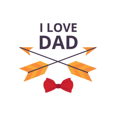 Card or banner for Fathers Day with text and tie bow, flat vector illustration isolated on white background. I Love Dad greeting inscription for fathers holiday.のイラスト素材