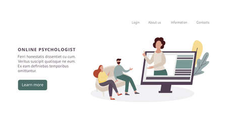 Psychological consultation online. The couple is undergoing psychological therapy. Illustration of psychological assistance. Vector landing page template.のイラスト素材
