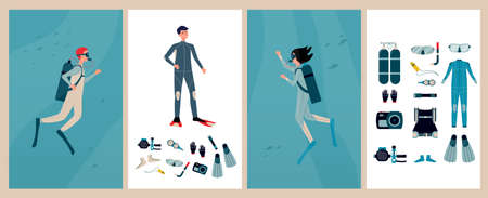 Set of vertical cards or banners for scuba diving water activity with divers underwater, flat vector...
